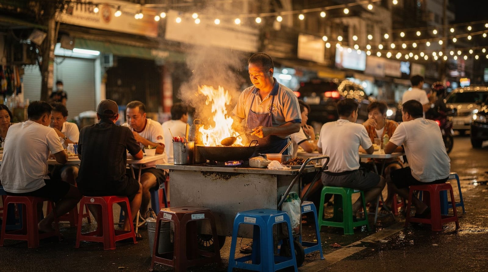Stand de street food servant des plats à emporter dans une rue animée