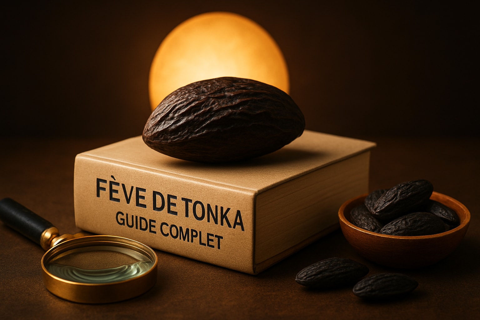 Fèves de tonka noires et ridées présentées sur une planche en bois