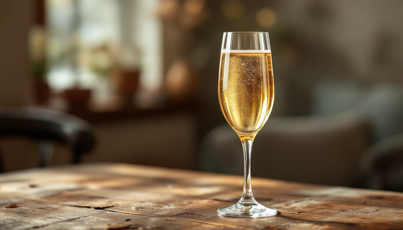 Bouteille d'effervescent sans alcool servie dans deux flûtes pour un apéritif festif